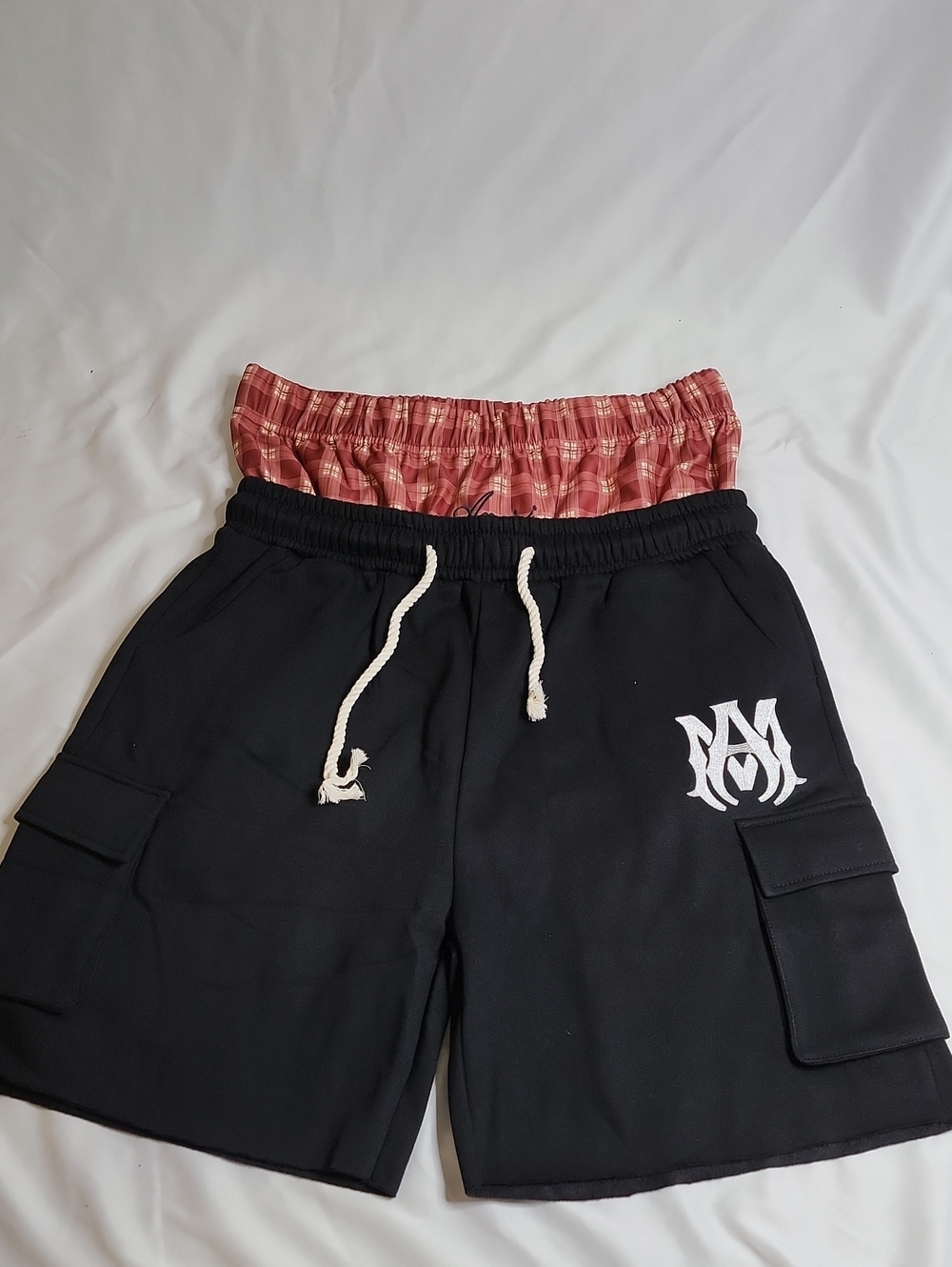 AMIRI Black Cargo Shorts with Red Plaid Double Layer